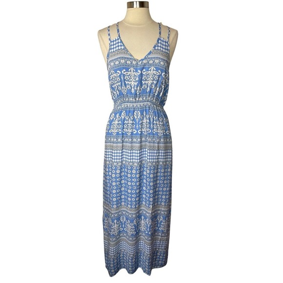 NEW‼️ ENTRO Lace-Backed Blue & White Boho Maxi Dress, LARGE - Picture 2 of 9